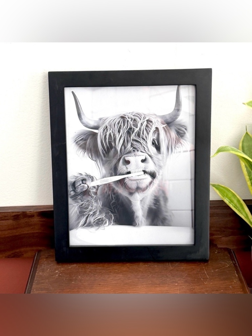 Silly Highland Cow Brushing Teeth Bathroom Canvas Art Print Wall Art Framed